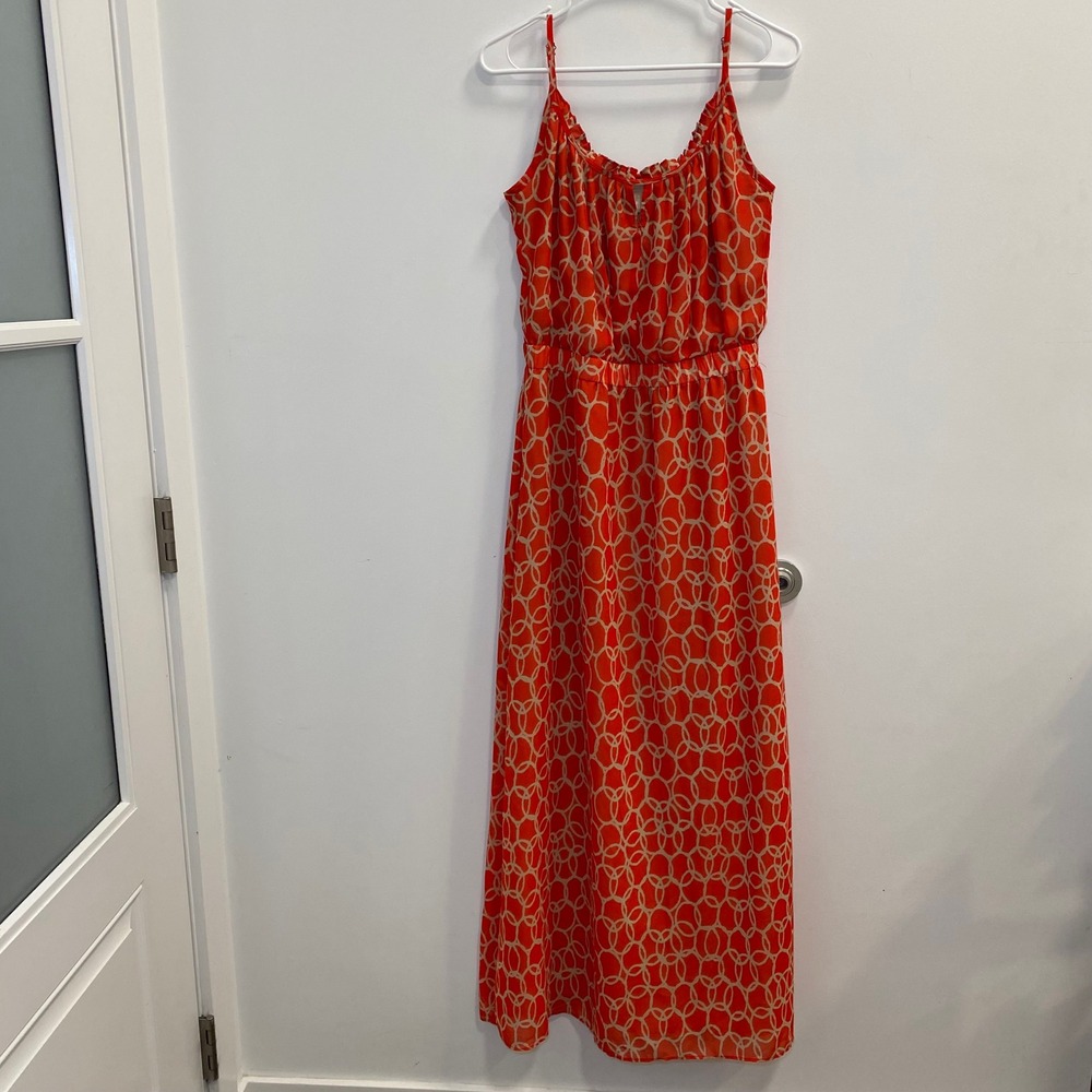 Banana Republic Maxi Dress Sz4 Lined Orange Geometric Sleeveless Bohemian Summer